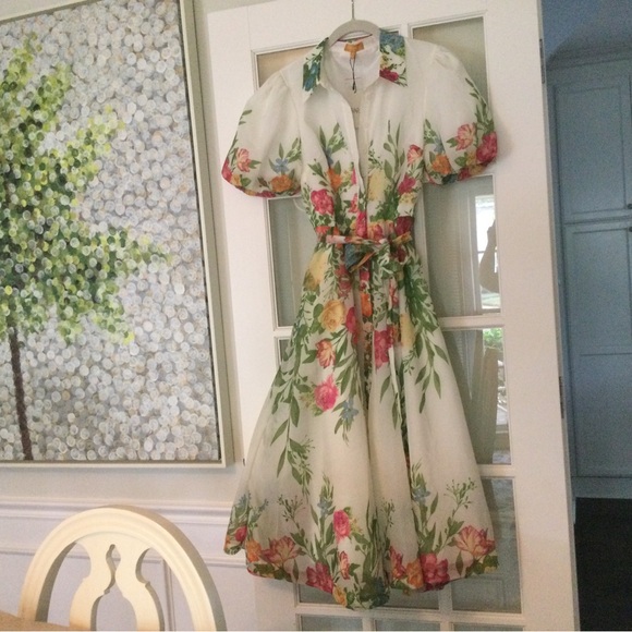 Floral Puff-Sleeve Shirt Midi Dress - White with Multi-Color Floral Print - Picture 3 of 7